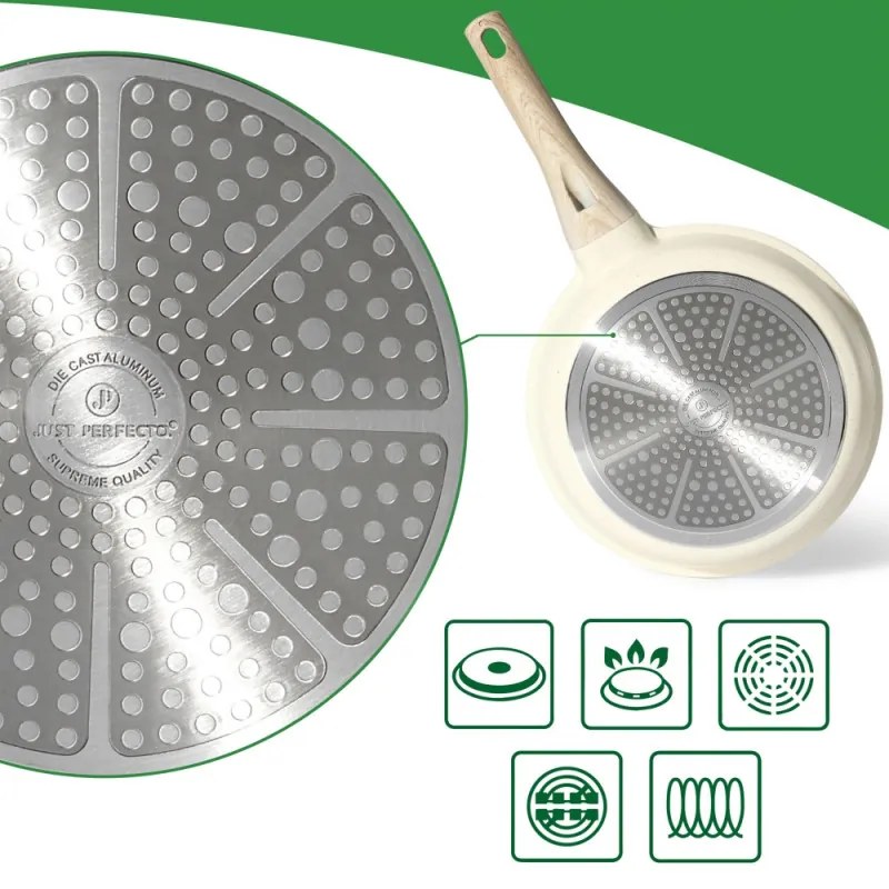 Tigaie Just Perfecto JL-41, 24 cm, Capac din sticla, Acoperire marmura, Fara PFAS, Inductie, Bej