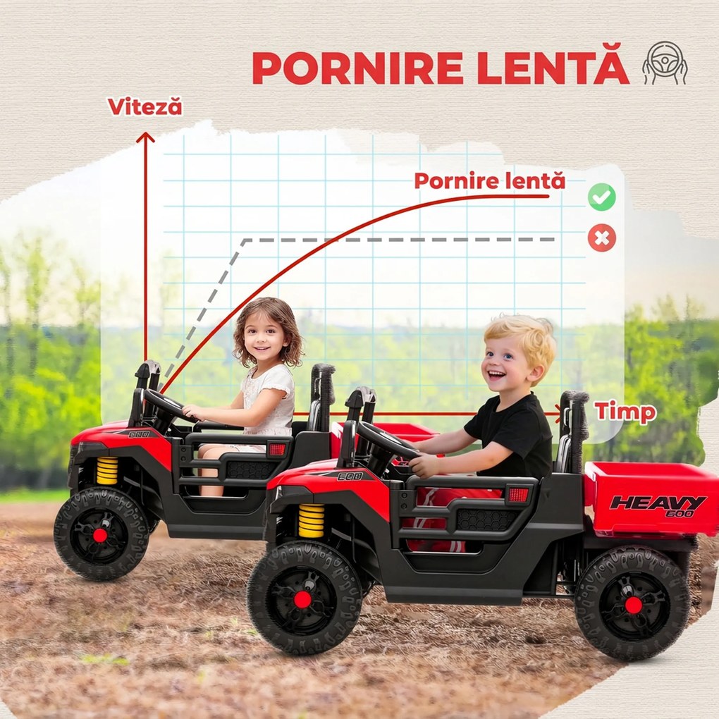 AIYAPLAY Mașină Electrică pentru Copii UTV 12V Off-road cu Portbagaj, 2 Motoare, Centură în 3 Puncte, Telecomandă, Suspensii, USB, Muzică, Lumini, 1.8-3.7 km/h, 3-8 Ani, Roșu | Aosom Romania