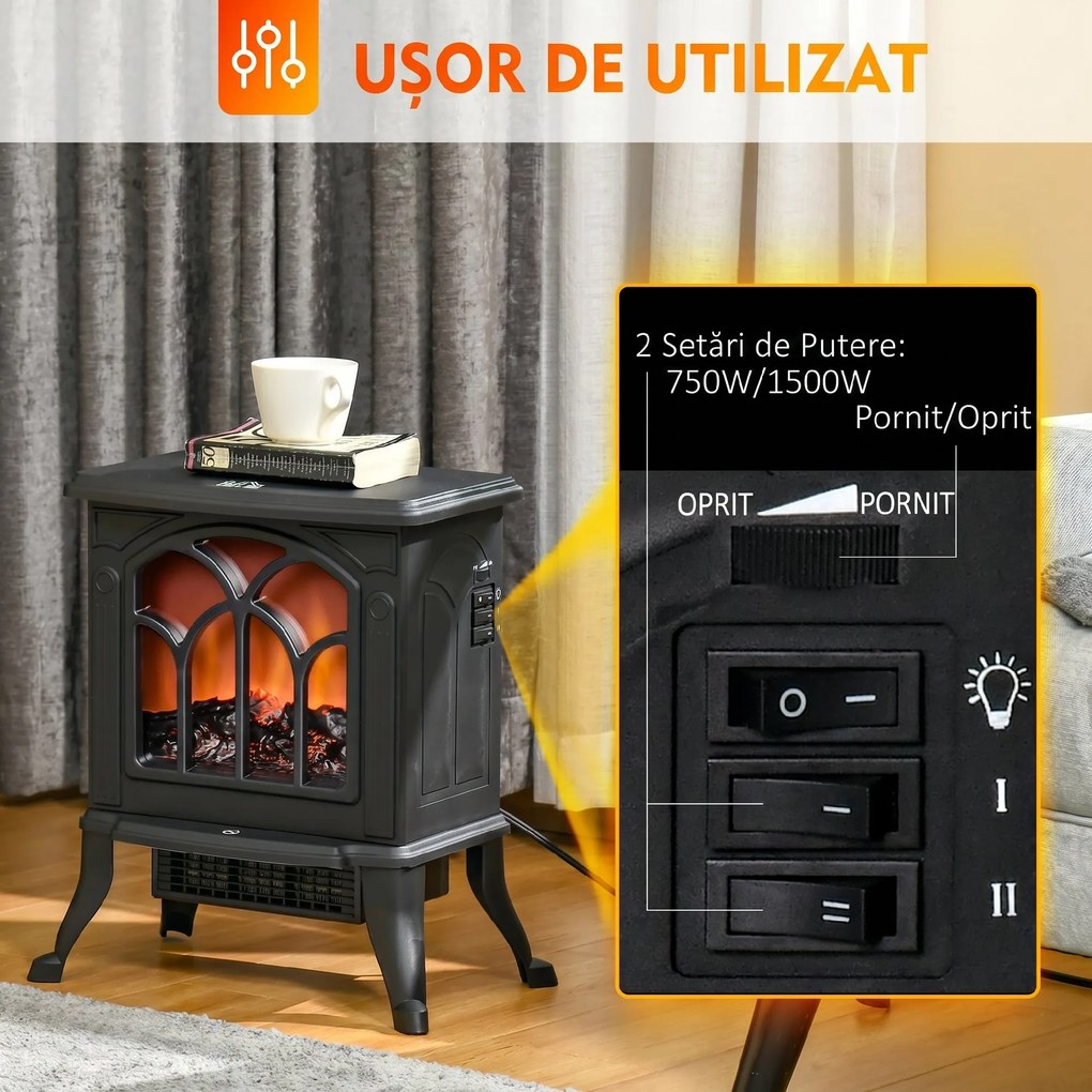 HOMCOM Șemineu Electric 750/1500 W cu Efect de Flacără Acoperire 15-20 m², Negru | Aosom Romania