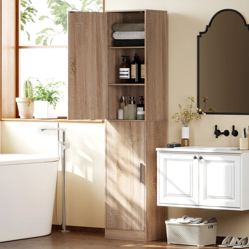 HOMCOM Dulap coloană pentru baie cu 2 compartimente și 6 rafturi reglabile, aspect lemn, 40x35x180 cm, culoare lemn | Aosom Romania