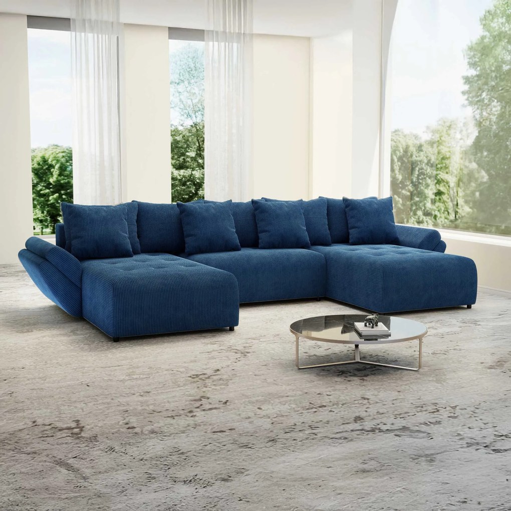 Colțar extensibil dumonde cu ladă de depozitare si sezut confortabil din spuma high-density, Berlin U Zoom Blue 380x180 cm