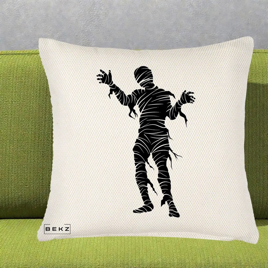 Perna Decorativa Mormii Infricosat Silueta Neagra Halloween, 40x40 cm, Crem Reliefat, Husa Detasabila, Perna Inclusa, BEKZ®
