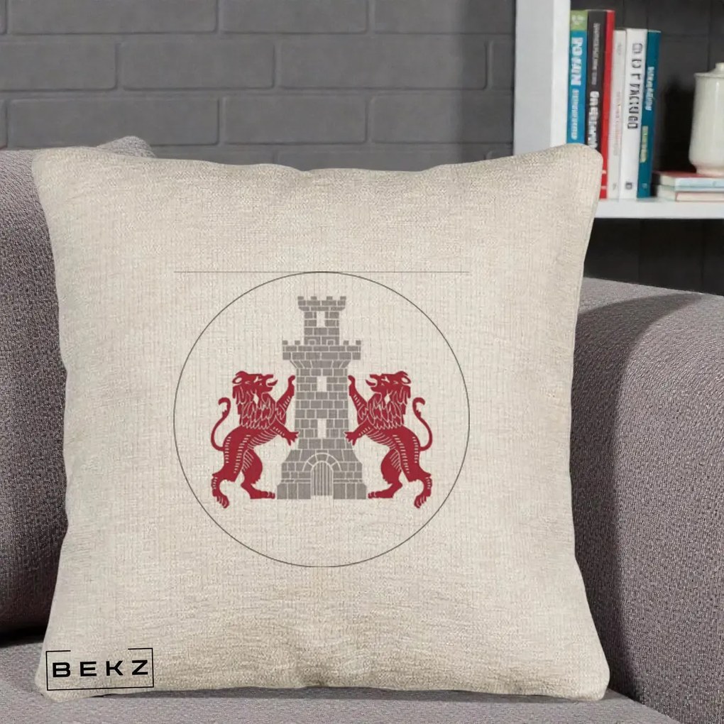 Perna Personalizata Cetatea Turnu Magurele Heraldic, 40x40 cm, Bej Canapea, Husa Detasabila, Perna Inclusa, BEKZ®