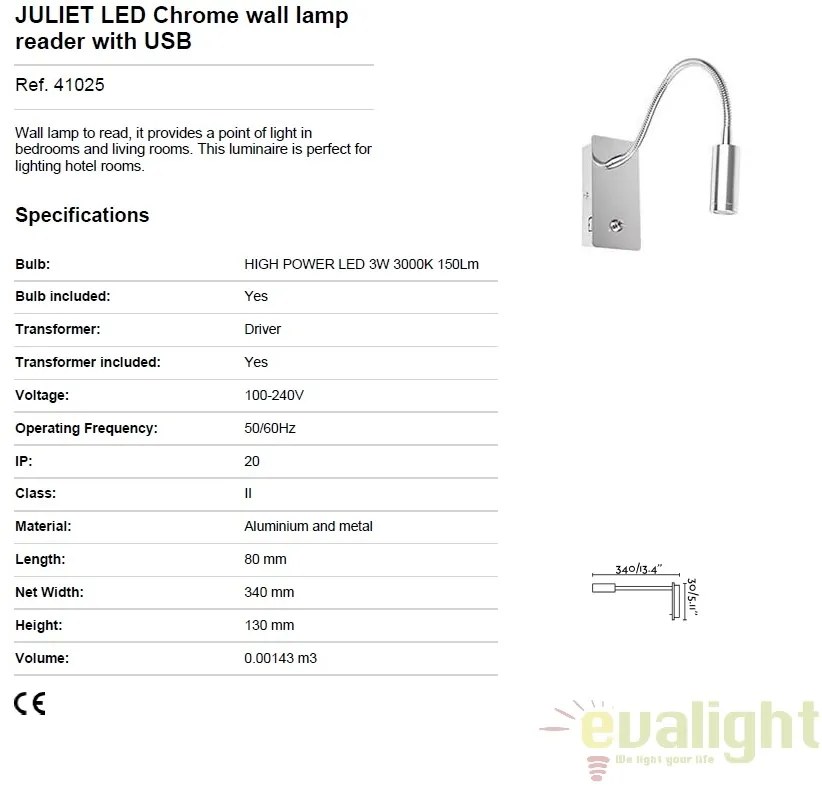 Aplica perete LED cu reader si USB charger JULIET 41025