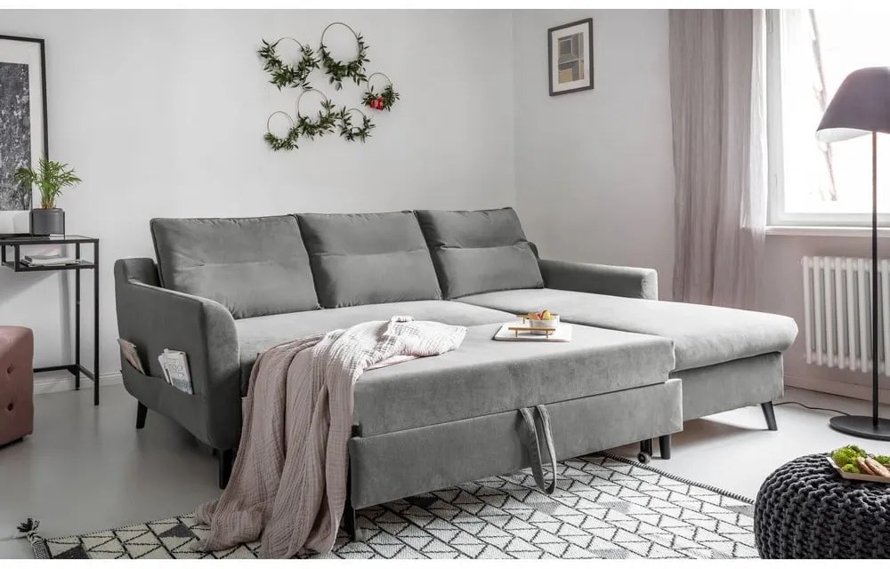 Colțar extensibil din catifea cu șezlong pe partea dreaptă Miuform Stylish Stan, gri deschis
