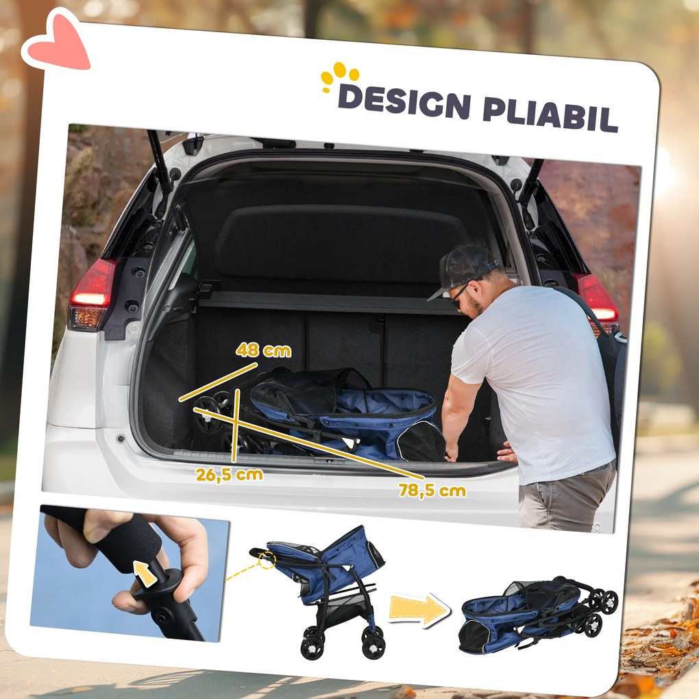 PawHut Cărucior pentru Animale cu Coș, Pernă și 2 Lese, 81x48x99 cm, Albastru Închis | Aosom Romania