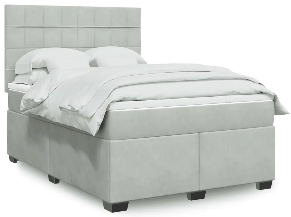 vidaXL Pat box spring cu saltea, gri deschis, 140x200 cm, catifea