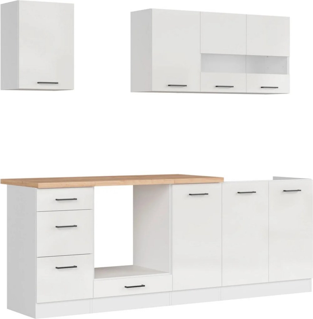 Set bucatarie JUNONA LINE, alb lucios, PAL, 220 cm, cu blat stejar art