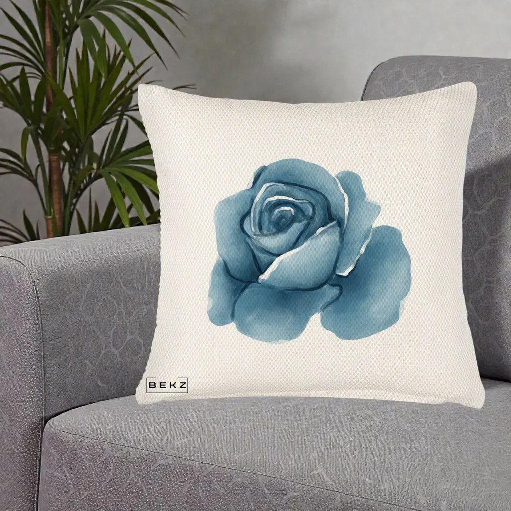 Perna Decorativa Trandafir Albastru Acuarela, 40x40 cm, Crem Reliefat, Husa Detasabila, Perna Inclusa, BEKZ®