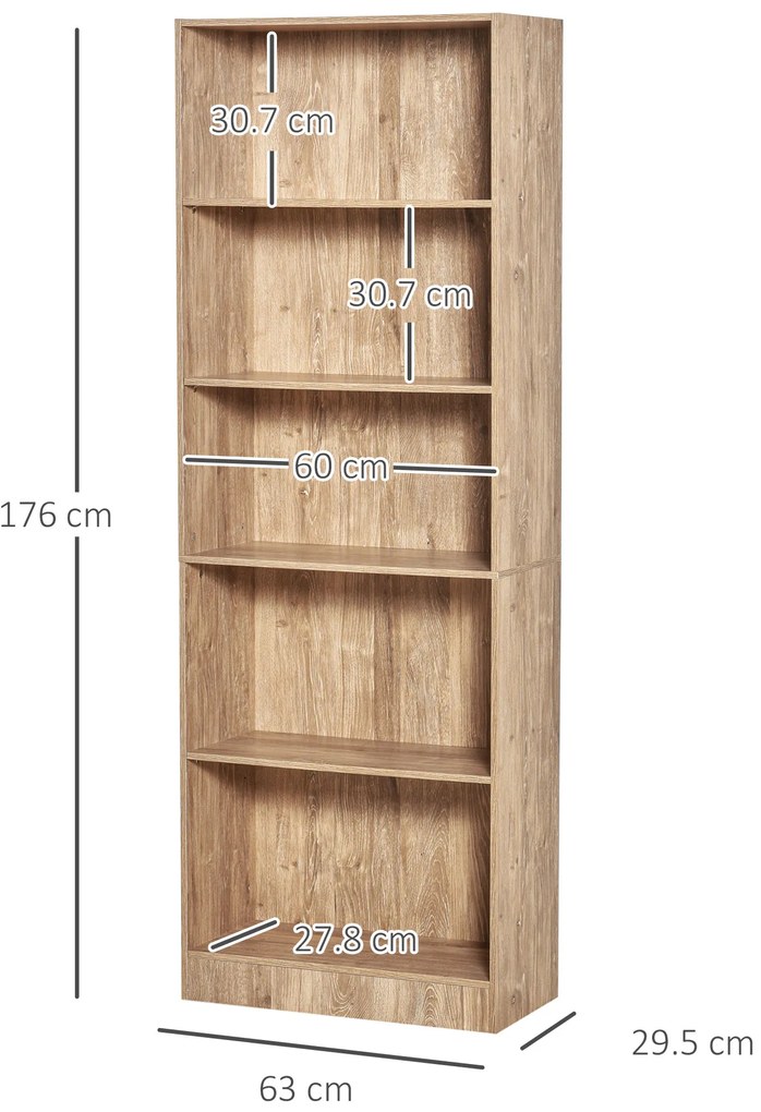 HOMCOM Bibliotecă Etajeră cu 5 Niveluri pentru Cărți cu 3 Rafturi Reglabile Antirăsturnare Depozitare pentru Living Birou Studiu 63x29,5x176 cm Lemn Natural | Aosom Romania