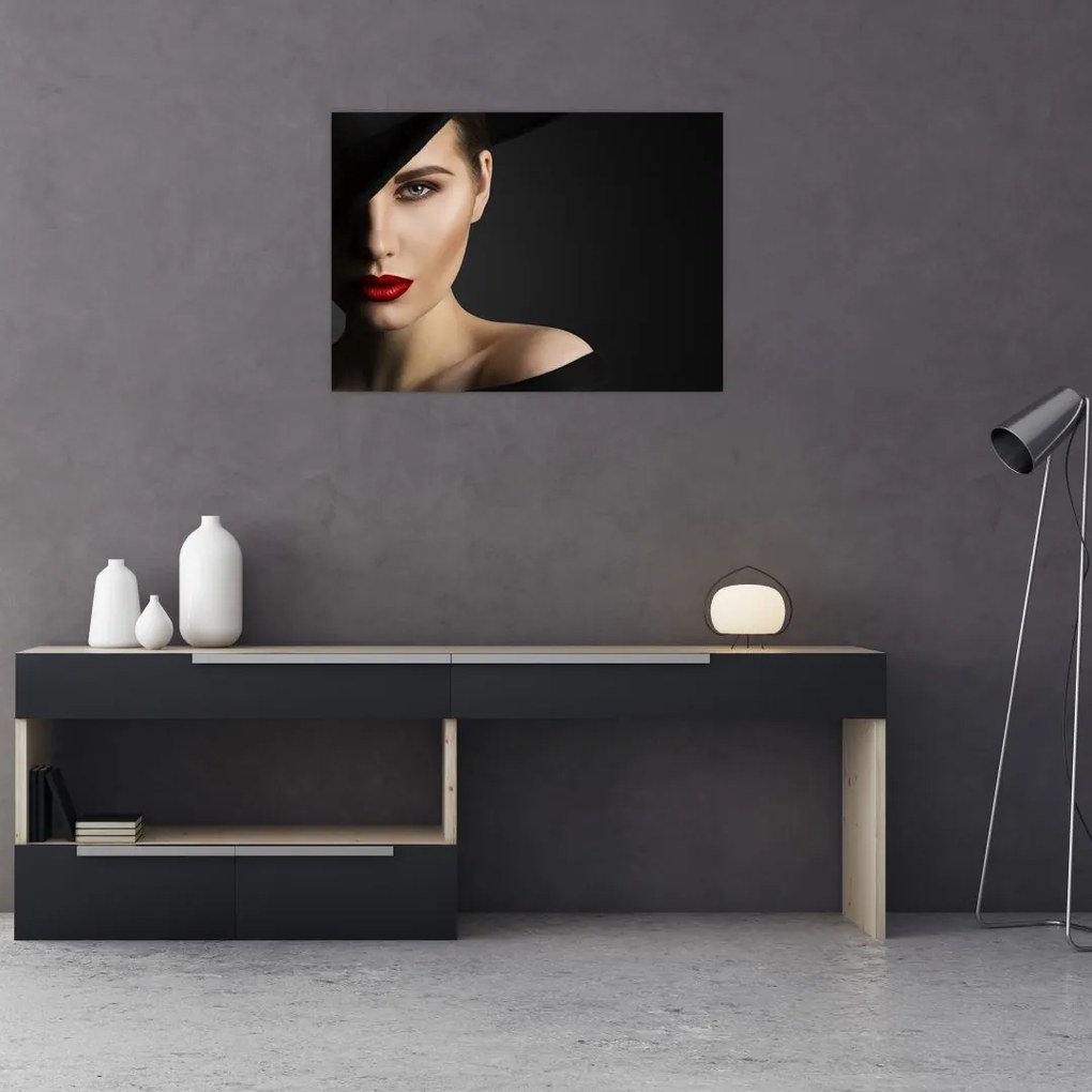 Tablou pe sticlă - Portretul femeii cu pălărie (70x50 cm)