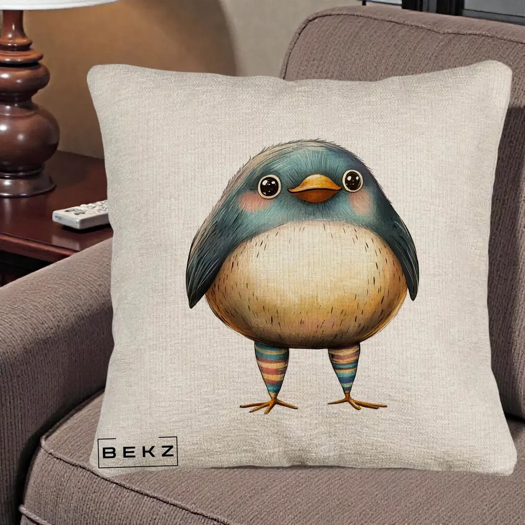 Perna Decorativa Pasare Teal-Bej cu Sosete Curcubeu, 40x40 cm, Bej Canapea, Husa Detasabila, Perna Inclusa, BEKZ®