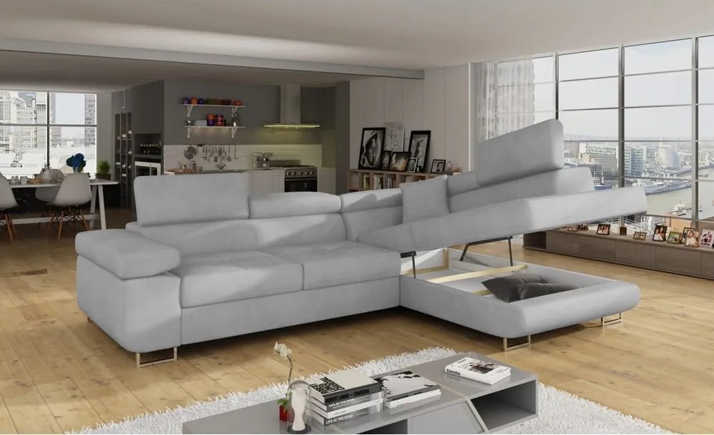 Colțar gri deschis extensibil/cu spațiu de depozitare cu tapițerie din catifea (cu colț pe partea dreaptă/în formă de ”L”) Anton – ELTAP