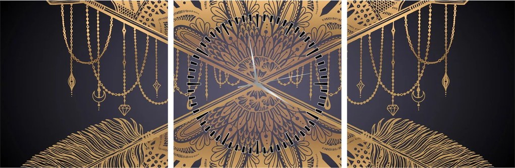 Tablou - Mandala aurie cu săgeți (cu ceas) (90x30 cm)
