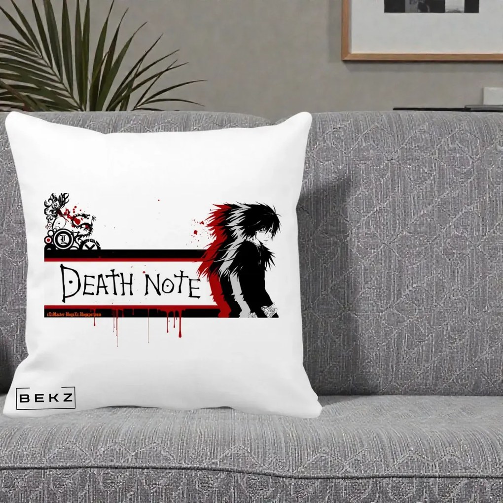 Perna Personalizata Death Note L Lawliet Rosu-Negru, 40x40 cm, Alba Mata, Husa Detasabila, Perna Inclusa, BEKZ®