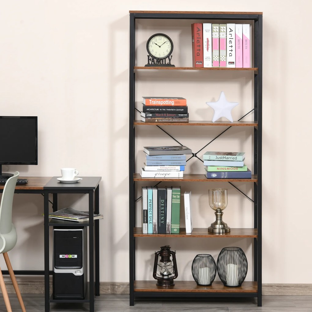 Biblioteca in Stil Industrial Vintage cu 6 Rafturi din Lemn si Metal Negru, 80x30x180cm HOMCOM | Aosom RO