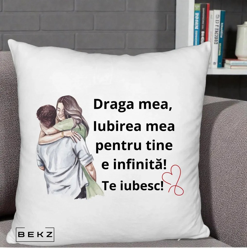 Cadou pentru Iubita - Perna Personalizata Draga Mea Iubirea Mea Infinita Te Iubesc cu Cuplu Acuarela, 40x40 cm, Alb Pufos, Husa Detasabila, Perna Inclusa, BEKZ®