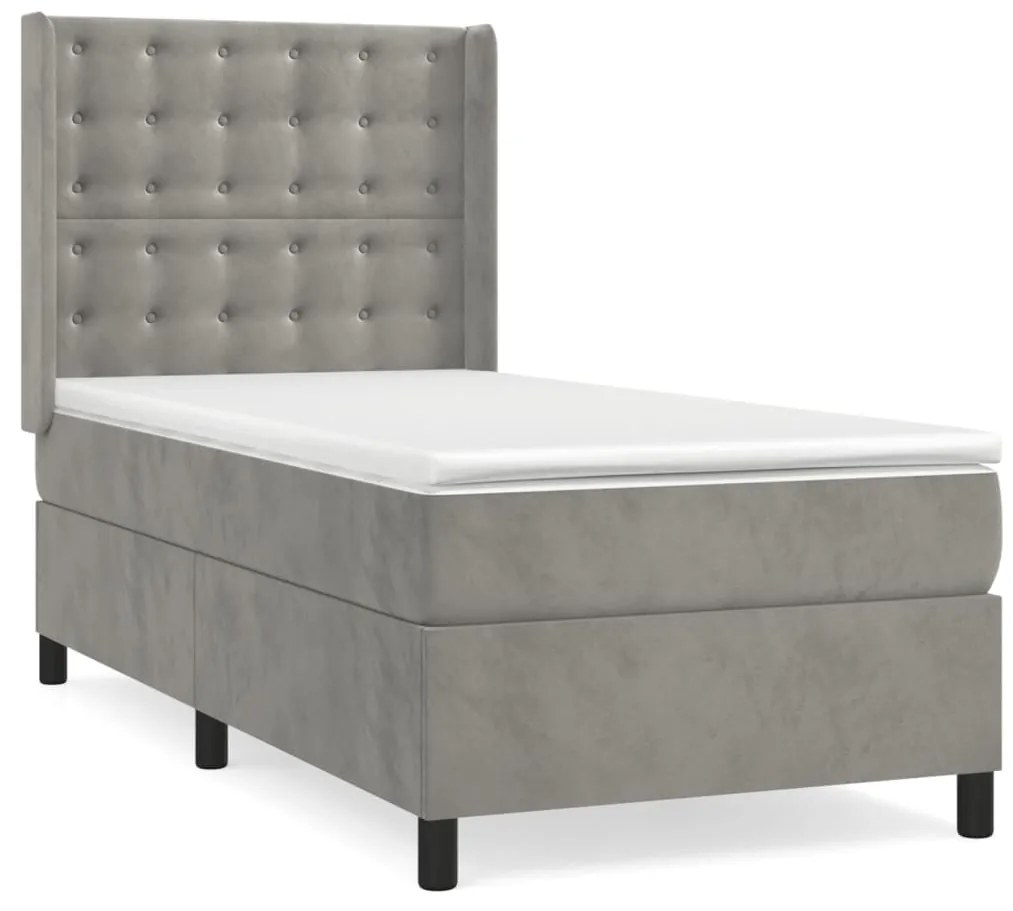 Pat box spring cu saltea, gri deschis, 90x190 cm, catifea Gri deschis, 90 x 190 cm, Nasturi de tapiterie