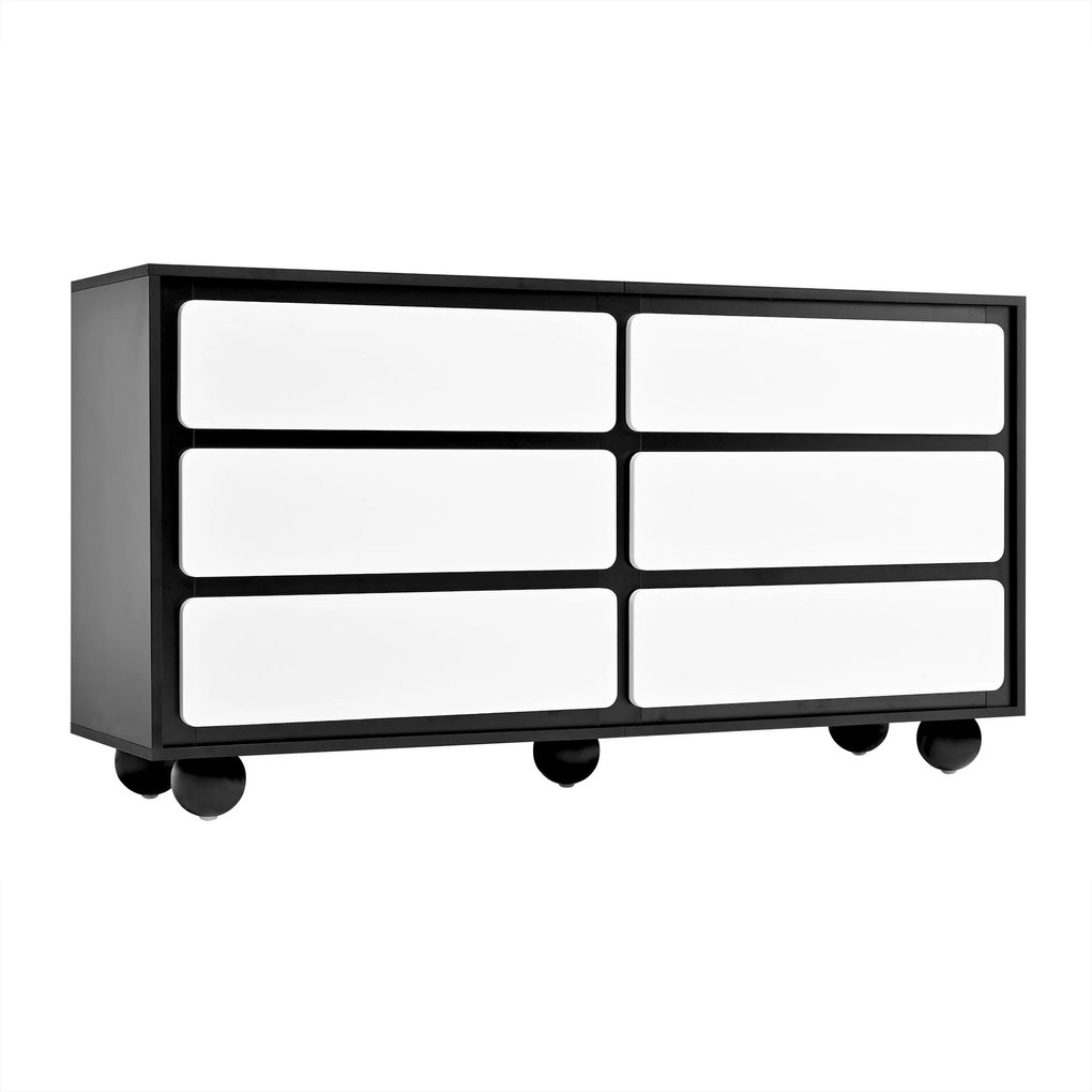 Comodă cu 6 sertare, colțuri rotunjite la sertare, 140x38x74,5 cm, Negru