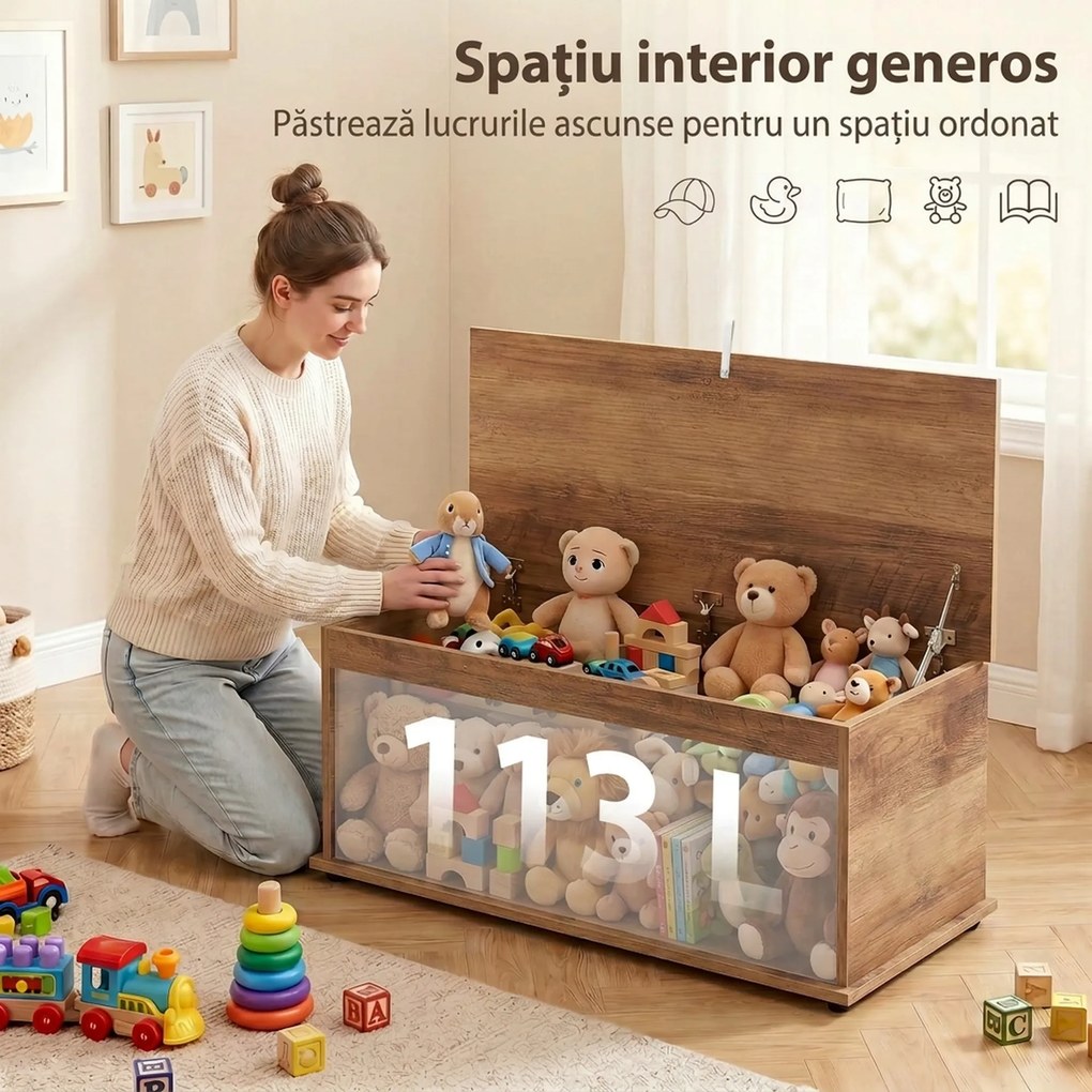 HOMCOM Cufăr de Depozitare pentru Interior 113L cu Capac Rabatabil, Cufăr Organizator pentru Living și Hol, Bancă cu Spațiu de Depozitare, Efect Lemn Maro | Aosom Romania