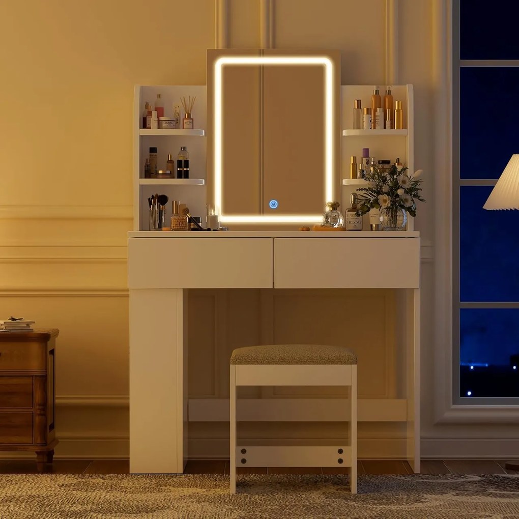 Masuta machiaj cu Oglinda LED si 2 Sertare pentru Cosmetice, Set Masa toaleta 90 cm, Alb / Negru / Roz, masuta cosmetica, vanity - SER203