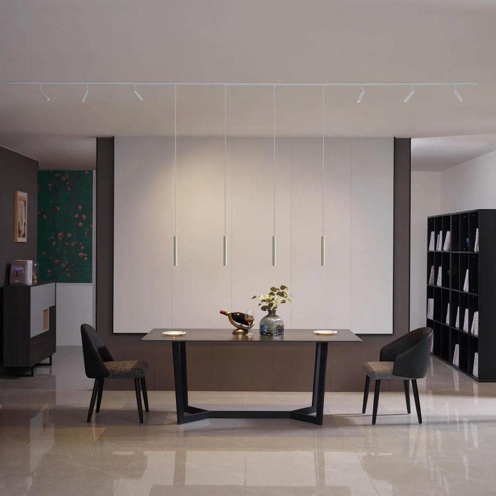 Sistem modern de iluminat pe șine cu 6 spoturi și 4 pendule bej și alb, monofazat - Slimline Uzzy Keno