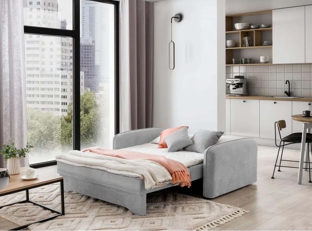 Canapea gri deschis extensibilă/cu spațiu de depozitare cu tapițerie din chenille 155 cm Laine – ELTAP