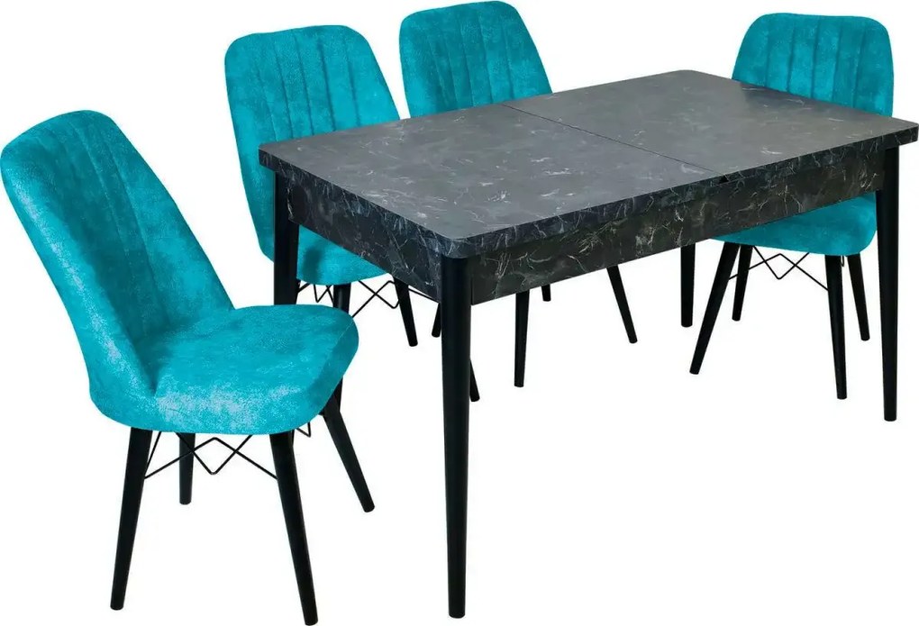 Set masa extensibila negru marmorat cu 6 scaune tapitate Cargold Turcoaz