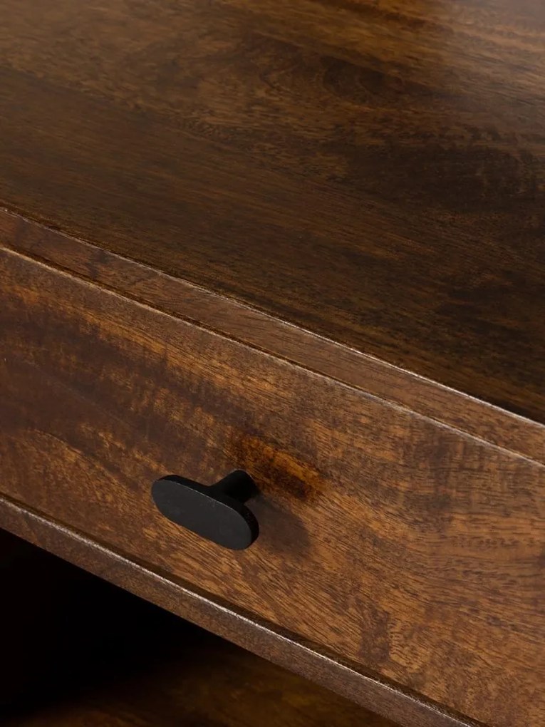 Birou vintage din lemn de mango și metal, cu blat maro antichizat, 1 sertar și picioare din metal negru, finisaj satinat, 117.5×50×80.5 cm, „Flow"