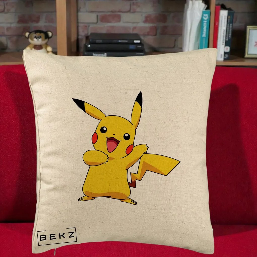 Perna Personalizata Pikachu Fericit, 40x40 cm, Bej, Husa Detasabila, Perna Inclusa, BEKZ®