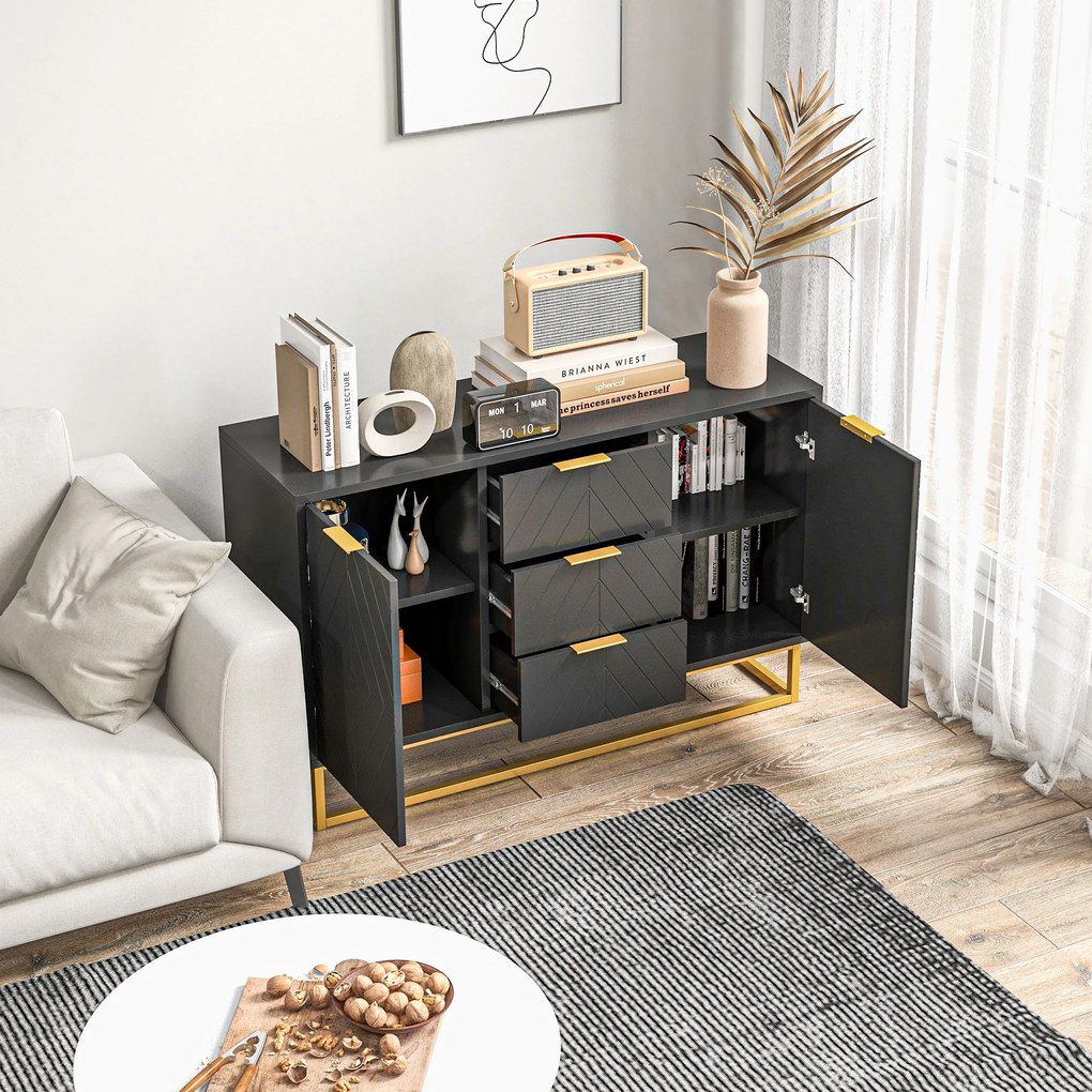 HOMCOM Bufet design contemporan grafic 2 dulapuri usa rafturi reglabile 3 sertare glisante din lemn negru metal aur | Aosom Romania