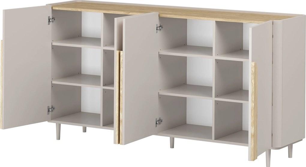 Comodă cu patru uși pe picioare Amilio 200 cm - cașmir / stejar uleiat / mânere stejar deschis