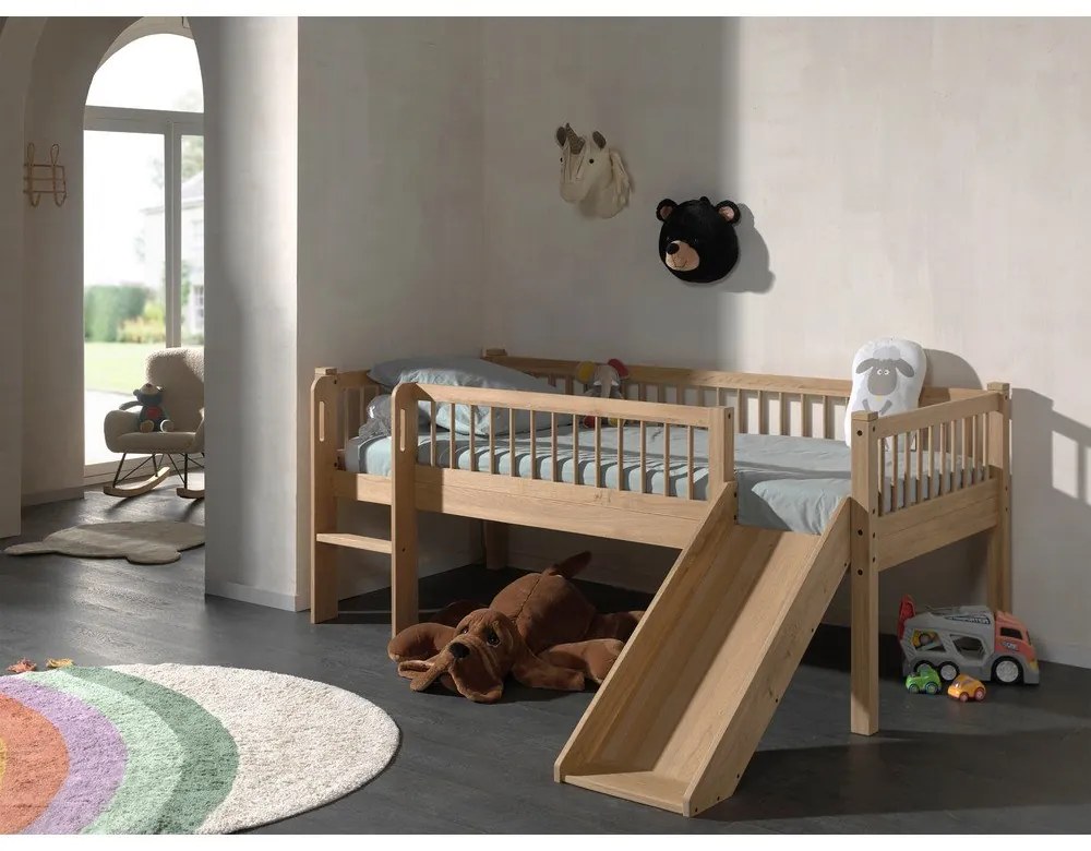 Pat pentru copii în culoare naturală înalt din lemn de fag cu tobogan cu somieră 90x200 cm Forrest – Vipack