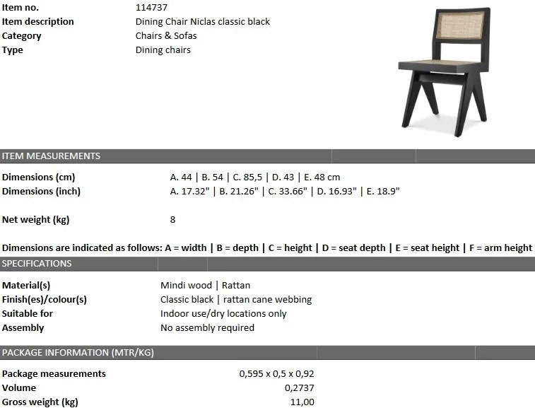Scaun design clasic din lemn si rattan Niclas, negru 114737 HZ
