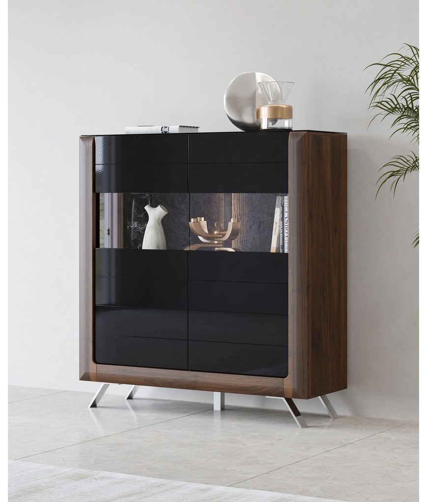 Vitrină Kassie Typ 42 (negru lucios + nuc columbia) (cu iluminat). 1108365