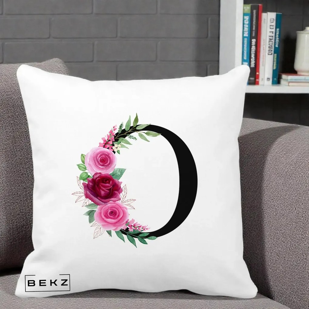 Cadou Personalizat - Perna Personalizata Monograma Florala Litera O, 40x40 cm, Alba Mata, Husa Detasabila, Perna Inclusa, BEKZ®
