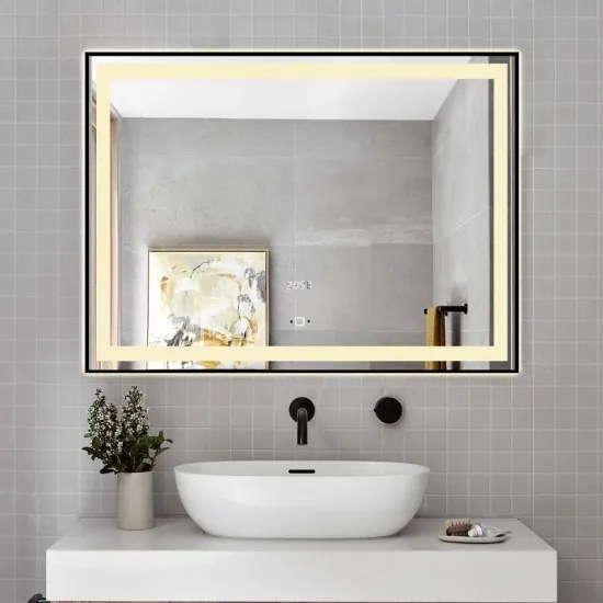 Oglindă Baie LED Elit's Premium cu Senzor de Miscare , Lumina Rece, Caldă și Neutră, 80x60cm, rama Neagra, Ceas