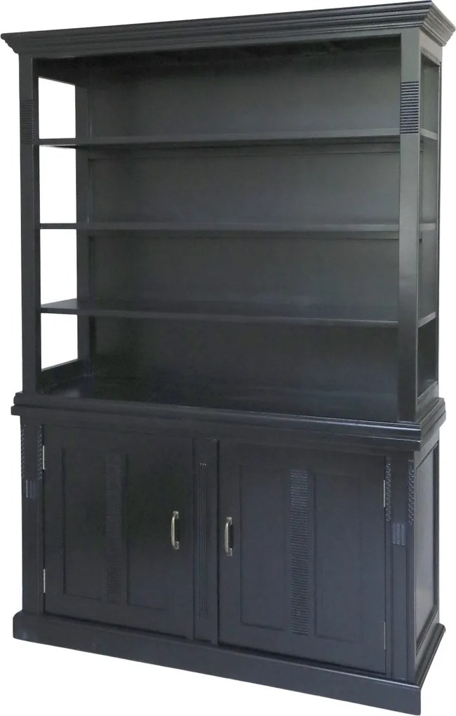 Bibliotecă înaltă cu uși din lemn, negru, cu 4 rafturi deschise, 2 uși și decor sculptat, 196 x 135 x 45 cm, „Marseille”