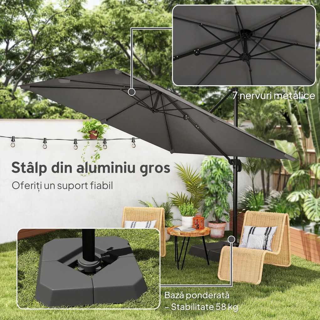 Outsunny Umbrelă Decentralizată de Grădină cu Manivelă 3x3m și Bază cu Greutăți Umplibile, Umbrelă de Exterior Pătrată Inclinabilă și Rotativă 360°, din Aluminiu pentru Terasă sau Piscină, UV30+, Gri Închis | Aosom Romania