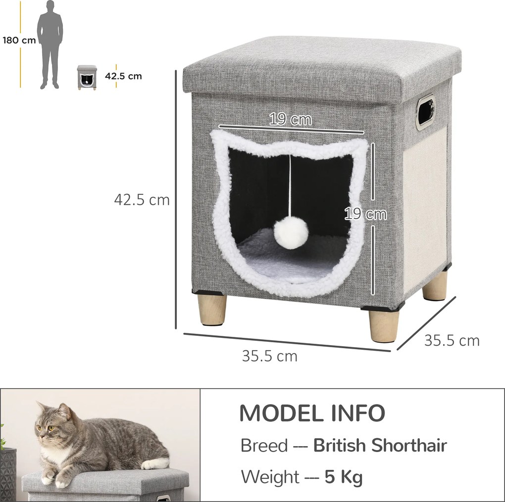 PawHut Căsuță pentru Pisici cu Covor de Zgâriat, Pernă și Bilă, 35.5x35.5x42.5 cm, Crem și Gri | Aosom Romania