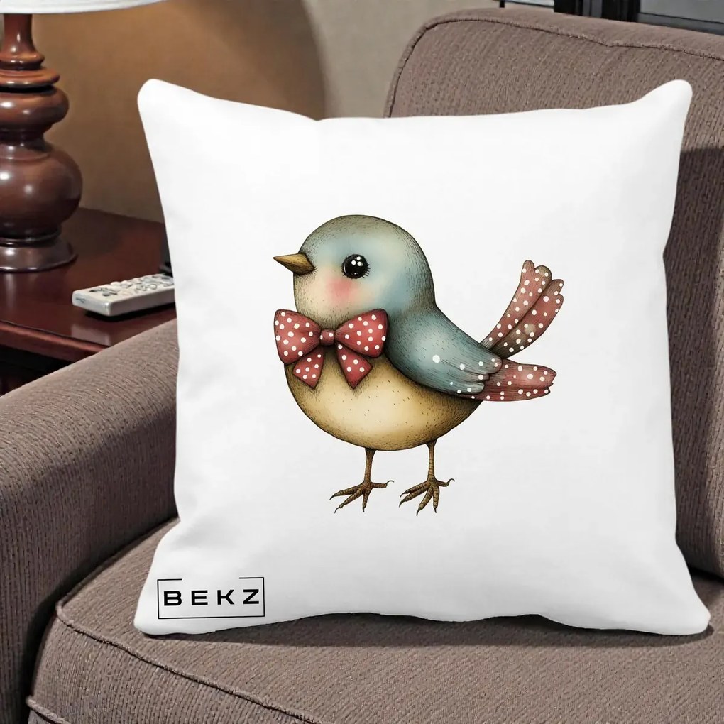 Perna Decorativa Pasare Bleu cu Fundita Rosie, 40x40 cm, Alba Mata, Husa Detasabila, Perna Inclusa, BEKZ®
