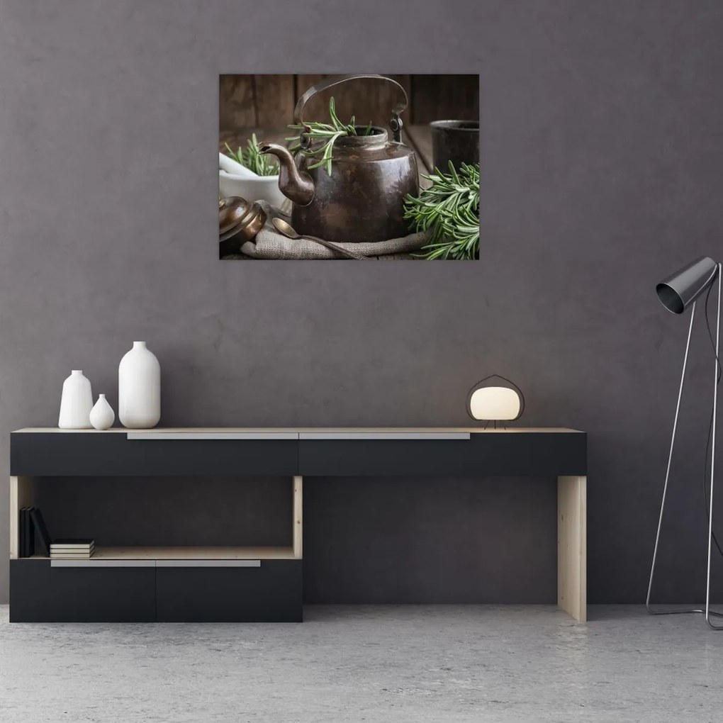 Tablou pe sticlă - Ceainic cu rozmarin (70x50 cm)