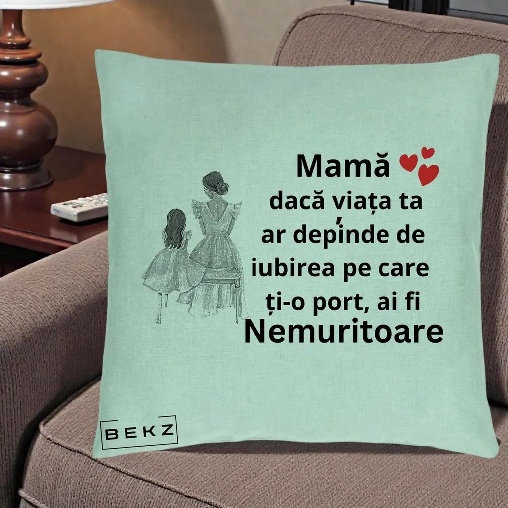 Cadou pentru Mama - Perna Personalizata Mama Nemuritoare Line Art, 40x40 cm, Verde Menta, Husa Detasabila, Perna Inclusa, BEKZ®