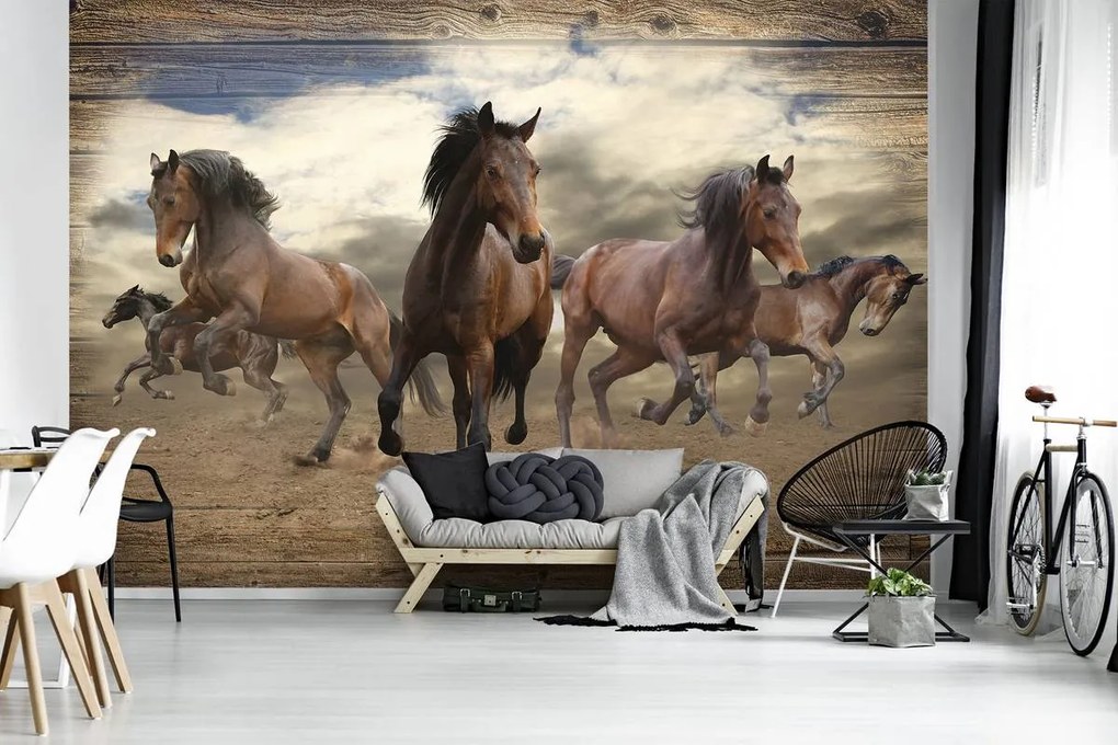 Fototapet - Calul galopând  pe scănduri din lemn (152,5x104 cm)