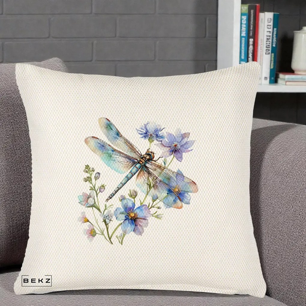 Perna Decorativa Libelula Acuarela Flori Albastre, 40x40 cm, Crem Reliefat, Husa Detasabila, Perna Inclusa, BEKZ®