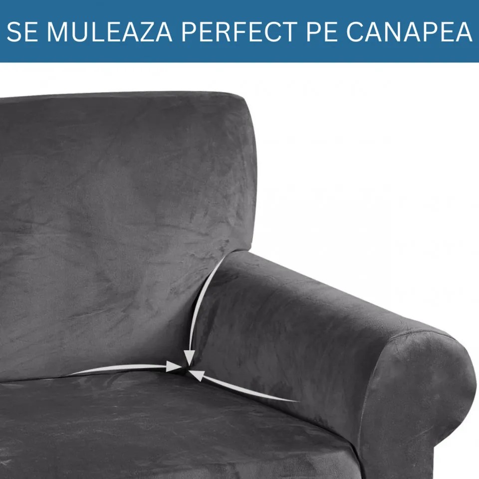 Husa Elastica din Catifea, Canapea 3 Locuri, Cu Brate, Gri, HCCJ3-02