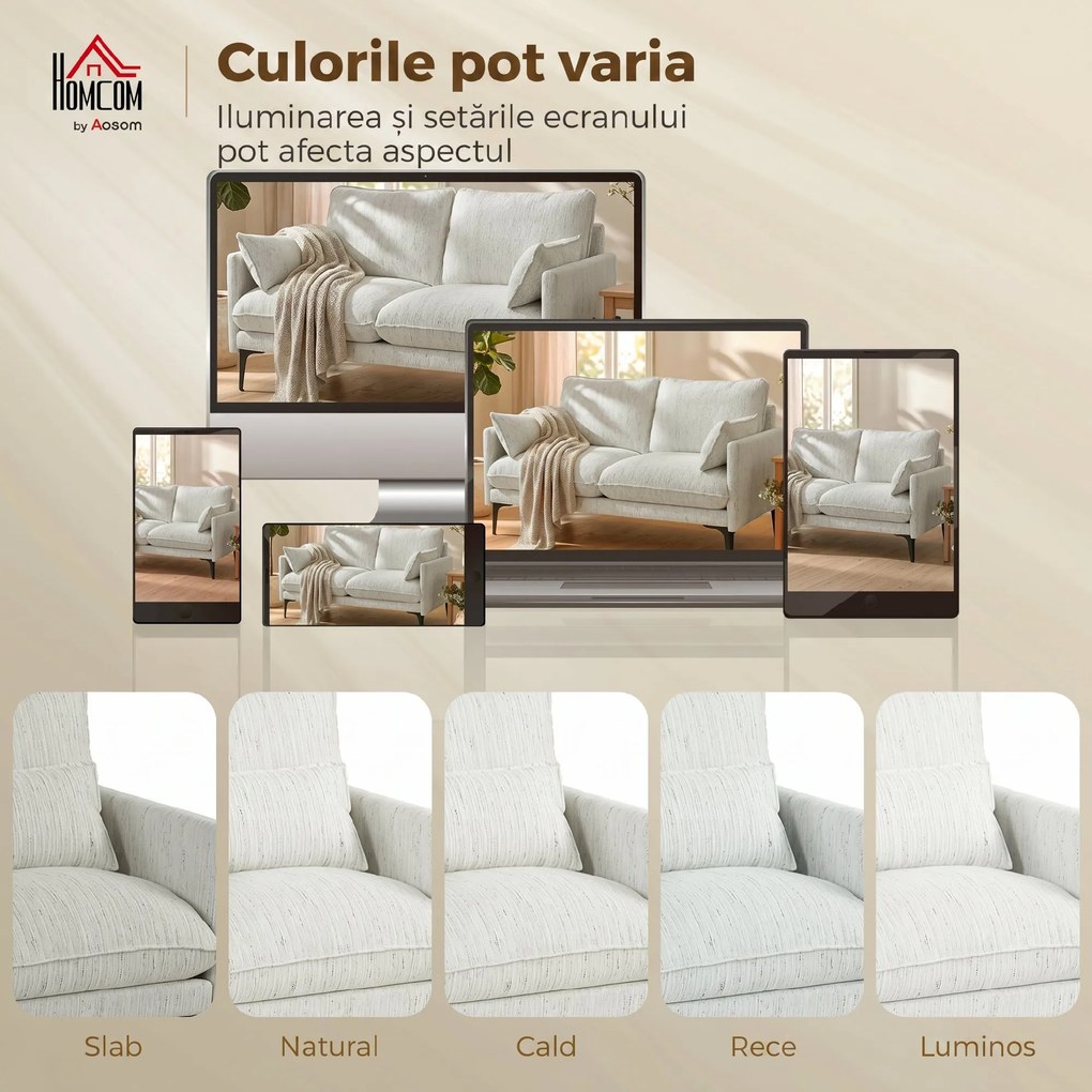 HOMCOM Canapea 2 Locuri cu Brațe, Perne Groase și 2 Perne, 131x78x83 cm, Alb | Aosom Romania