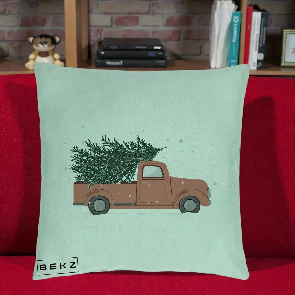 Perna Decorativa Camioneta Terracotta Brad de Craciun, 40x40 cm, Verde Menta, Husa Detasabila, Perna Inclusa, BEKZ®