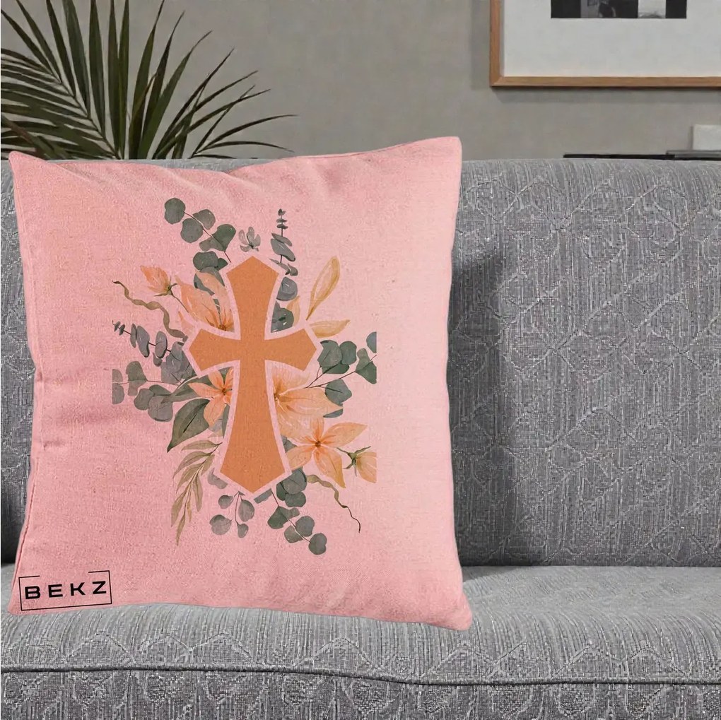 Perna Personalizata Cruce Florala Botez, 40x40 cm, Roz, Husa Detasabila, Perna Inclusa, BEKZ®