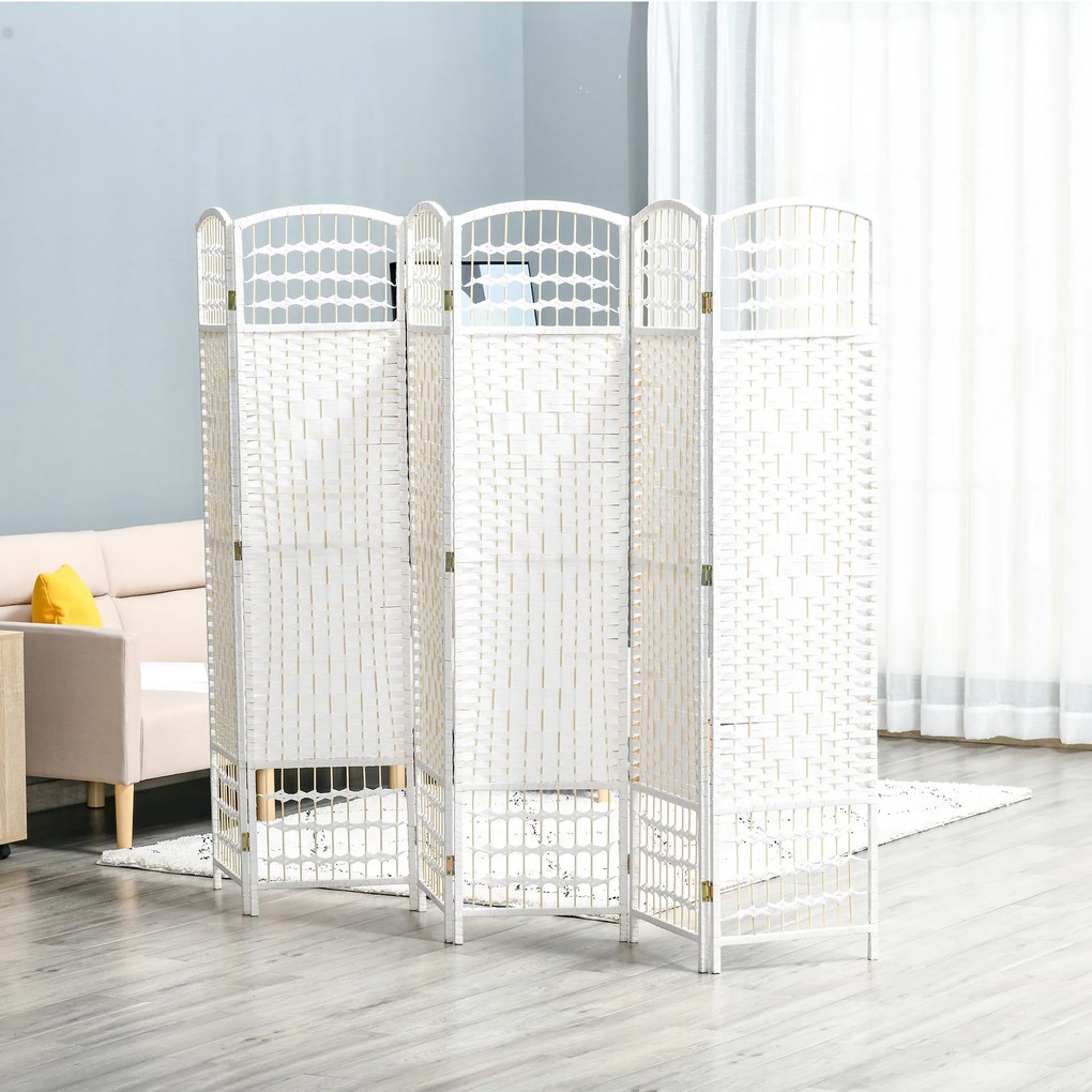 HOMCOM, Paravan interior, 6 panouri pliabile, 242L x 170H cm, lemn de plop, bambus, fibre de hârtie împletită, alb pai | Aosom Romania